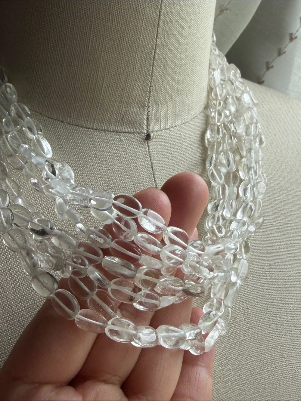 Rock Crytal Semi-Precious Clear Beads Multi-Strand Necklace 925 Sterling Silver